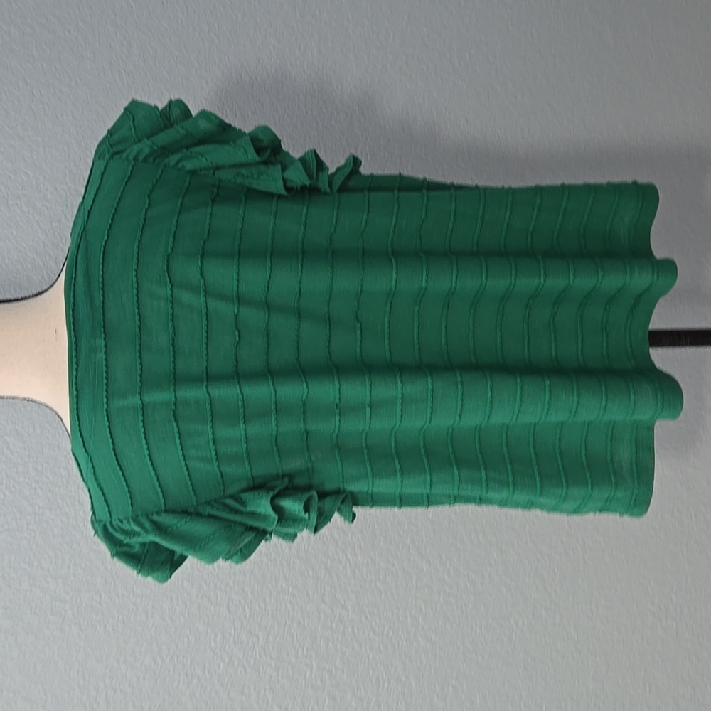 ANTHROPOLOGIE Double Ruffle Emerald Short Sleeve Blouse Top Rounded Neck Sz XL - Picture 7 of 11